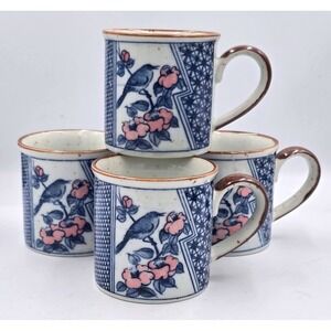 Set of 4‎ Ceramic Mugs Birds Flowers Blue White Japanese Style Coffee Tea Cups